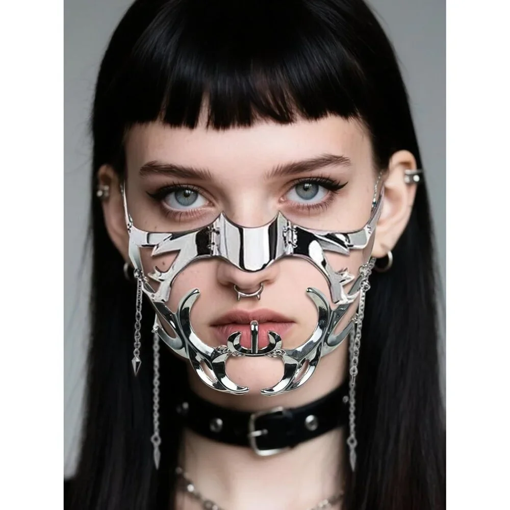 Cyberpunk Metal Half Mask Unisex Adjustable Chain for Masquerades Fest